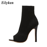 Womens Boots Green Elastic Knit Sock Boots Ladies Open Toe High Heels Fashion Kardashian Ankle Boots Women Pumps