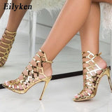 New Sexy Golden Gladiator Sandals Thin Heels Buckle Strap Wedding Pumps Platform Sandals