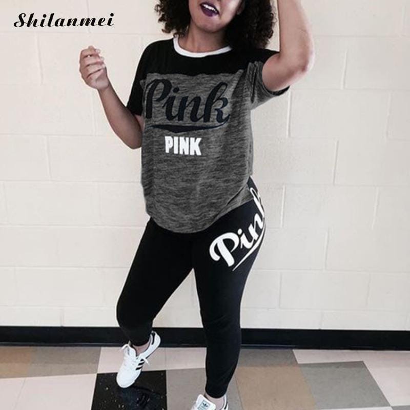 Pink Printing Women'S Outfits Short Sleeve T-Shirts And Long Pants 2 Piece Set Fitness Plus Size XXXL Women'S Summer Tracksuit