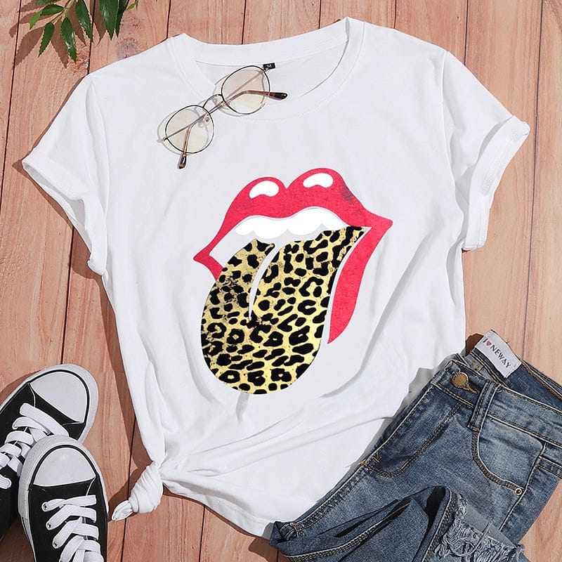 wholesale leopard print lip print short-sleeved T-shirt nihaojewelry  NHZN397738