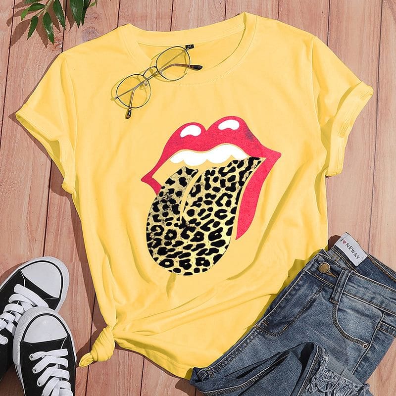wholesale leopard print lip print short-sleeved T-shirt nihaojewelry  NHZN397738