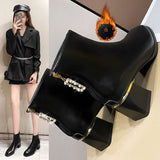New square toe fashion Korean leather and velvet mid-heel short tube Martin boots NHSCH528319