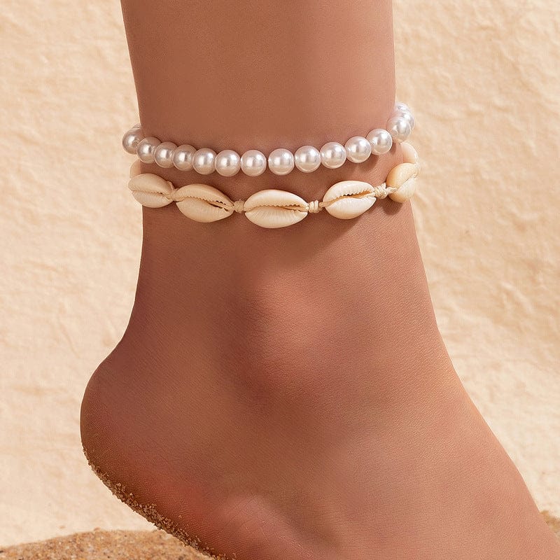 Beach Ornament Stringed Pearls Anklet Shell Beaded Multi-Layer Foot Ornaments