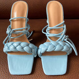 2021 Summer Designer Women Weave Blue Clear Heels Sandals 9cm Fetish High Heels Lace Up Sandals Open Toe Prom Shoes Plus Size