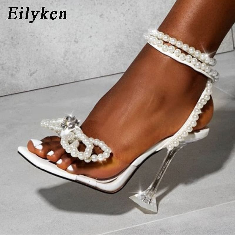 Women Gladiator Sandals shoes Sexy White String Bead high heels Sandals Summer Party Dress shoes Buckles pumps