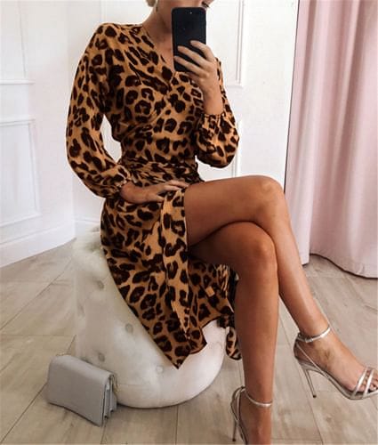 Women Wrap Leopard Printed Boho Long Maxi Dress Casual Bandage Bodycon Long Sleeve V Neck Loose Club Wear Dresses