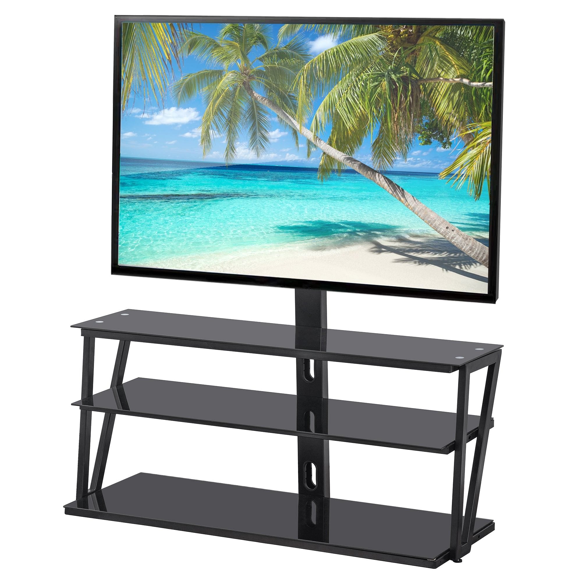 Universal Tempered Glass metal frame Three-layer glass TV Stand, Height and Angle adjustable,400*600 VESA for 32~65 inch TVCan Accommodate Various electronic devices, PS4,DVD,Game Console.