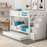 Twin-Over-Twin Bunk Bed with Twin Size Trundle and 3 Storage Stairs (White)