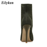 Womens Boots Green Elastic Knit Sock Boots Ladies Open Toe High Heels Fashion Kardashian Ankle Boots Women Pumps