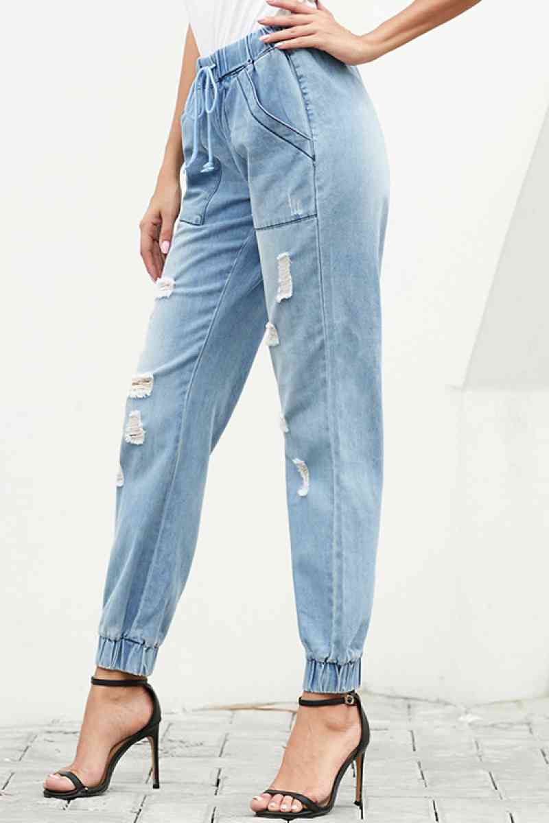 High Waist Elasticated Bottom Distressed Jeans