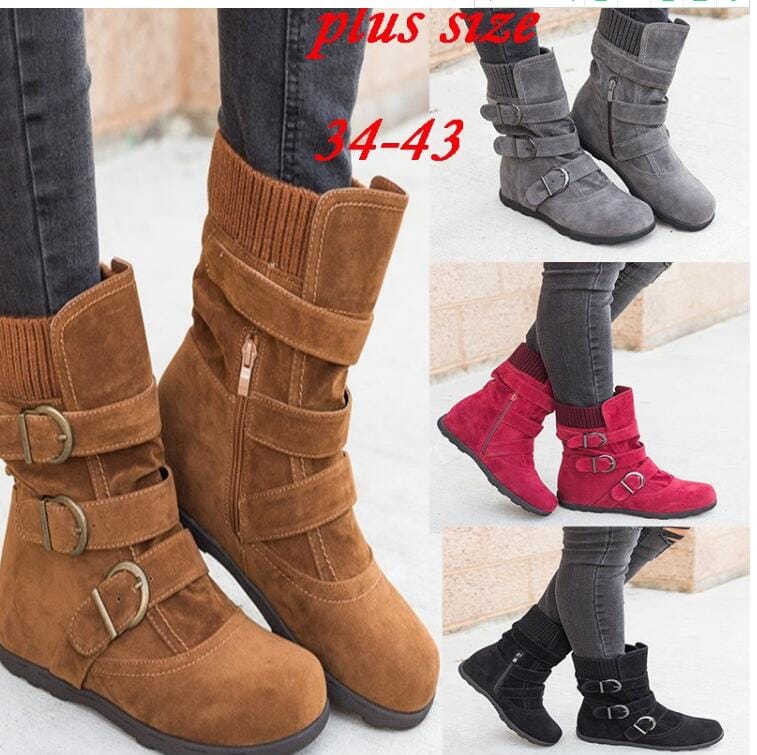 Winter buckled calf women's boots, winter women's warm zipper boots, plain flat shoes, large size women's casual boots