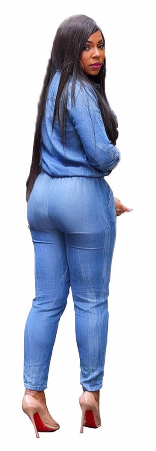 Adogirl Vintage Plus Size Jeans Jumpsuit Turn Down Collar Long Sleeve Bandage Denim Rompers Women Bodysuits Combinaison S-3XL