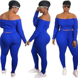 Two Piece Set Autumn Outfits Tracksuit Women Blue Ribbed Striped Slash Neck Short Tops Pencil  Pants