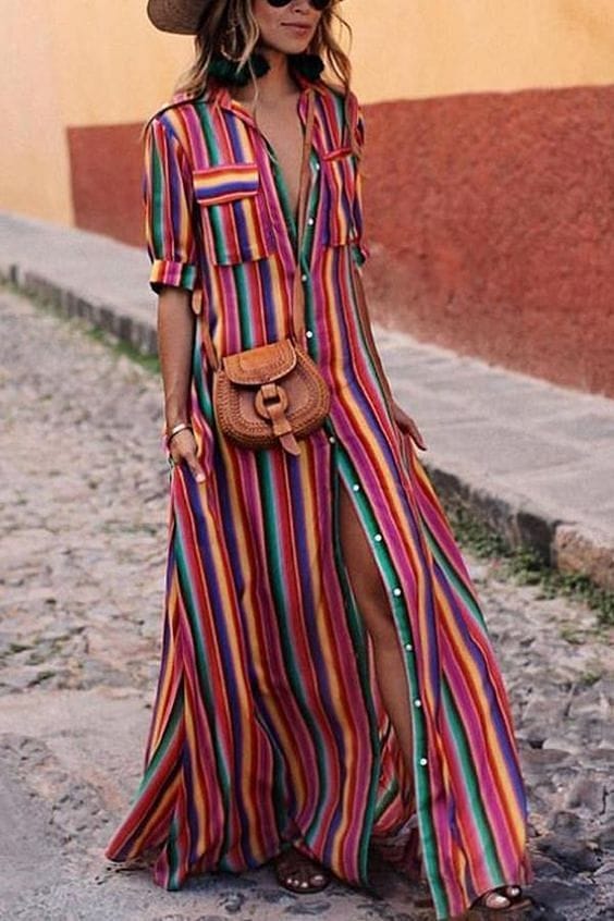 2019 Plus Size Runway Dress Summer Women Dress Long Maxi Dresses Bohemian BOHO Short Sleeve Beach Rainbow Striped Shirt Dress