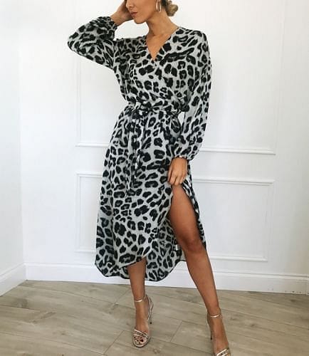Women Wrap Leopard Printed Boho Long Maxi Dress Casual Bandage Bodycon Long Sleeve V Neck Loose Club Wear Dresses