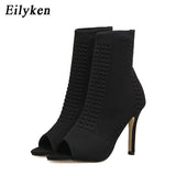 Womens Boots Green Elastic Knit Sock Boots Ladies Open Toe High Heels Fashion Kardashian Ankle Boots Women Pumps