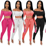 Cutubly Slash Neck Club Two Pieces Sets New Solid Two Piece Sets Outfits for Women Long Sleeve Trousers Pants 2 Piece Set Suits