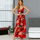 Red Floral Print backless summer dress Women deep V neck bohemian maxi dress Spaghetti irregular long dress