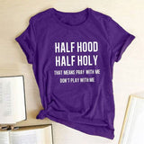 Half Hood Half Holy Letter Print Women T-shirts Harajuku Short Sleeve Femme T-shirt for Ladies Clothes Casual Loose Tops