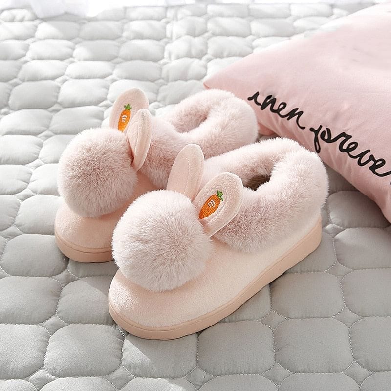 Winter Cotton Slippers Indoor Thick Bottom  Autumn Winter Warm Shoes Cute Lovely Rabbit Ear Plus Plush Slippers Shoes Women