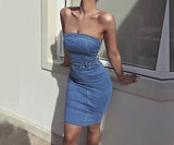 Women Denim Dress Slash Neck Strapless Elegant Bodycon Dress Sexy Blue Sleeveless Club Party Dress Vestidos Jeans Summer Dresses