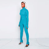 KGFIGU Women turtle neck long sleeve ruched Jumpsuit casual blue cotton ribbed bodycon overalls sexy Rompers wholesale price