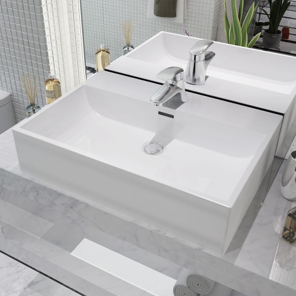 Basin with Faucet Hole Ceramic White 23.8"x16.7"x5.7"
