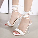 2021 Summer Designer Women Weave Blue Clear Heels Sandals 9cm Fetish High Heels Lace Up Sandals Open Toe Prom Shoes Plus Size