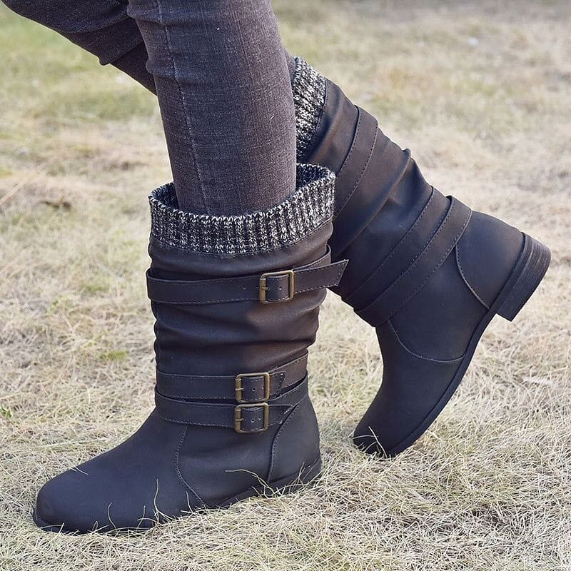 Women Winter Buckle Strap Pu Leather Chunky Heels Mid Calf Boots Woman Knitted Slip On Retro Boots Lady Casual Fashion Footwear