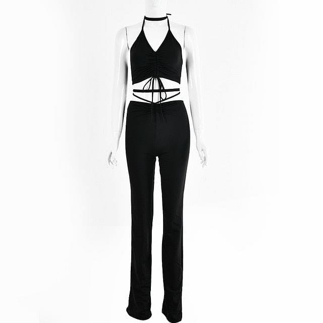 Waatfaak Ruched Two Pieces Set Women Sexy Crop Top Halter Bandage Leggings Tracksuit E Girl Flare Pants Streetwear 2 Pieces Set