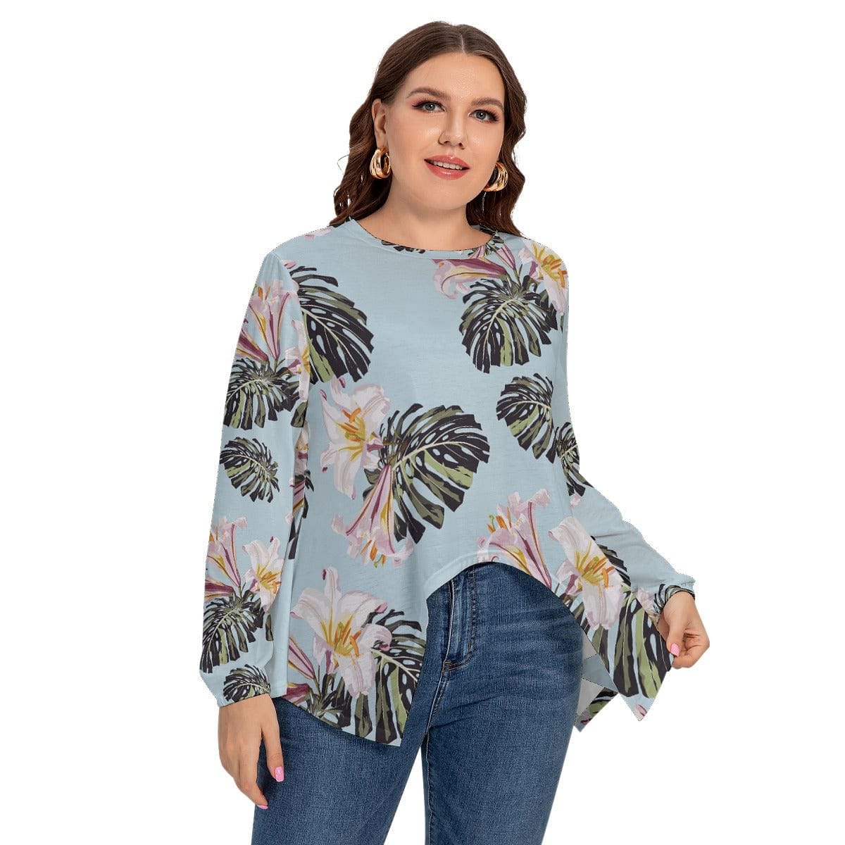 All-Over Print Women’s T-shirt With Asymmetrical Hem(Plus Size)