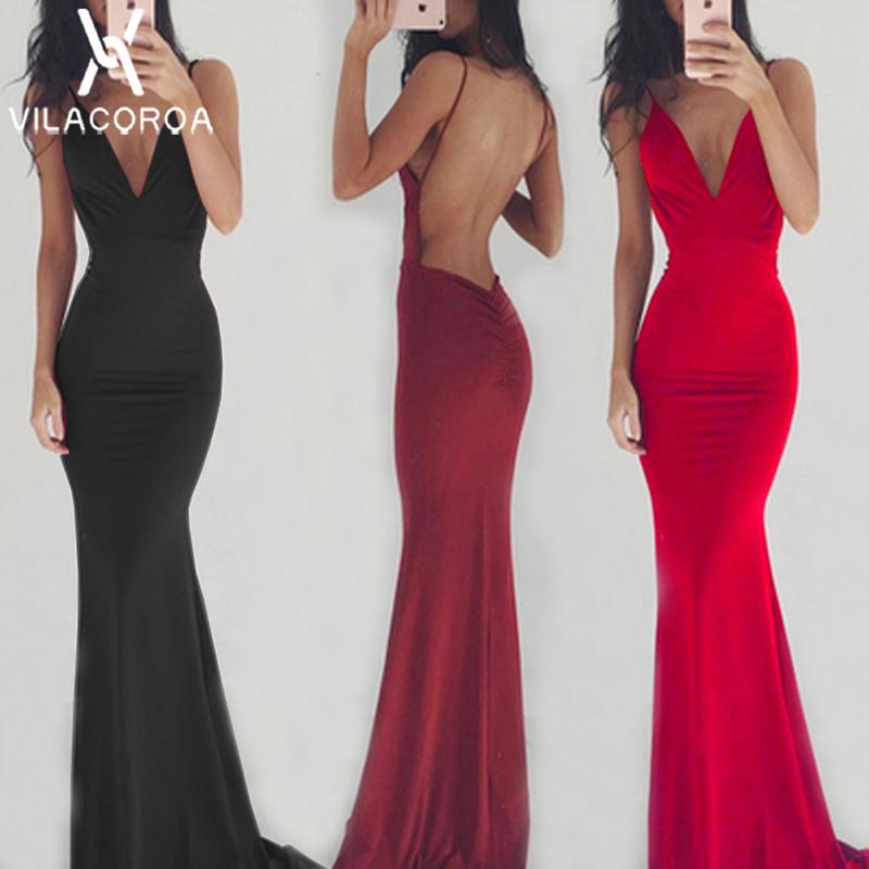 Spaghetti Strip Sleeveless Backless Party Dress Women V-neck Fishtail Maxi Dress