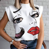 Women Lips Printed T Shirt Ladies Casual Stand Neck Tee Tops Short Sleeve Streetwear Summer Floral Plus Size Pullover T-shirts