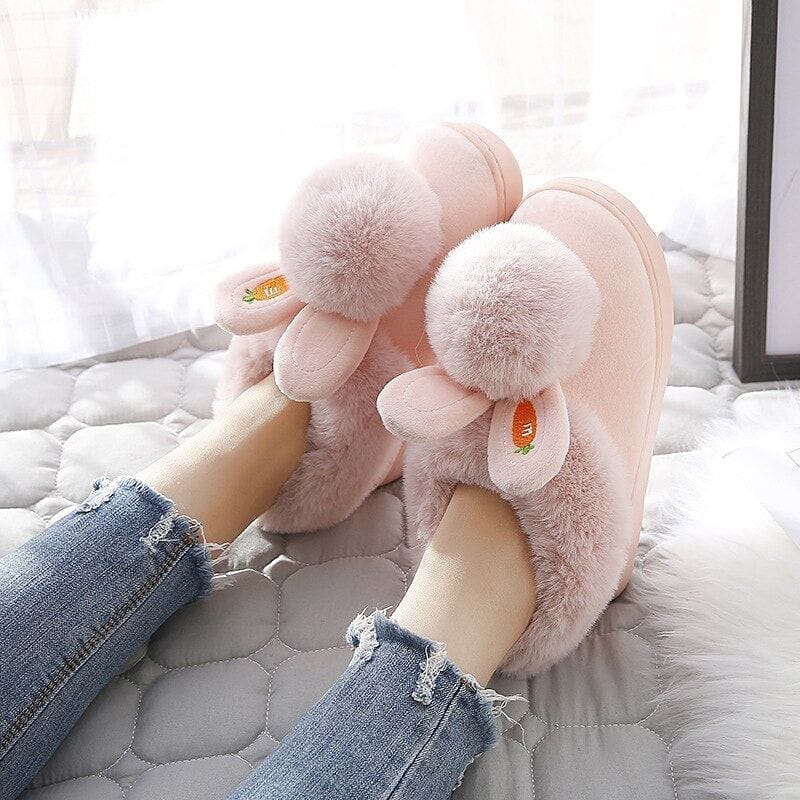 Winter Cotton Slippers Indoor Thick Bottom  Autumn Winter Warm Shoes Cute Lovely Rabbit Ear Plus Plush Slippers Shoes Women