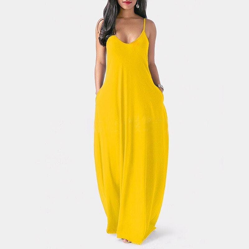 Women's Summer Long Dress Loose Sexy Spaghetti Straps Sleeveless Pockets Solid Color Maxi Dress Casual Plus Size Beach Dresses