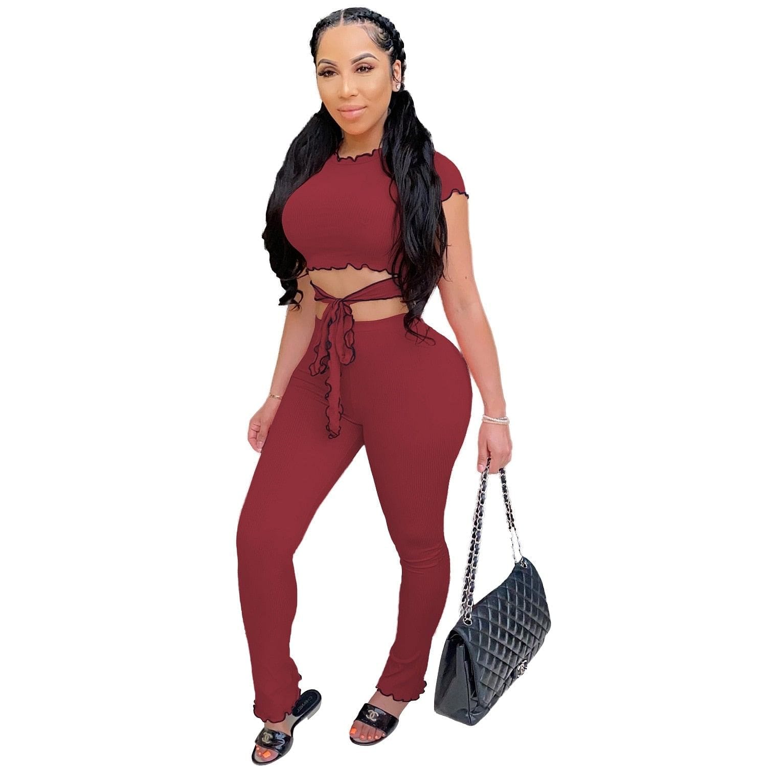 Cutubly Solid Two Piece Set for Women Short Sleeve Bandage Crop Top Flare Pants 2 Piece Set O-Neck Two Pieces Sets Women's Suits