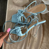 2021 Summer Designer Women Weave Blue Clear Heels Sandals 9cm Fetish High Heels Lace Up Sandals Open Toe Prom Shoes Plus Size