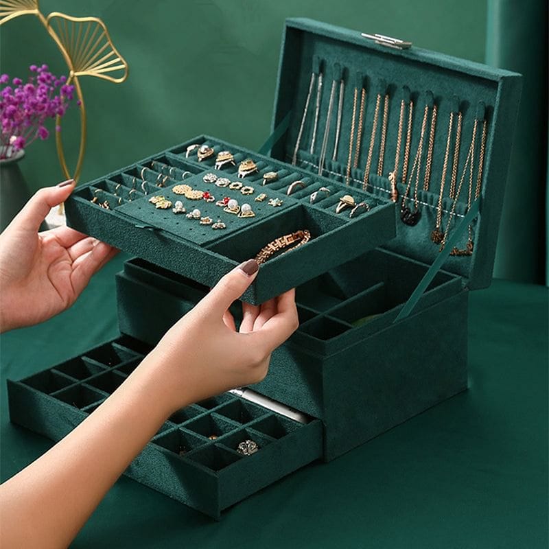 New  Green Stud Jewelry Organizer Large Ring Necklace Makeup Holder Cases Velvet Jewelry Box with Lock for Women