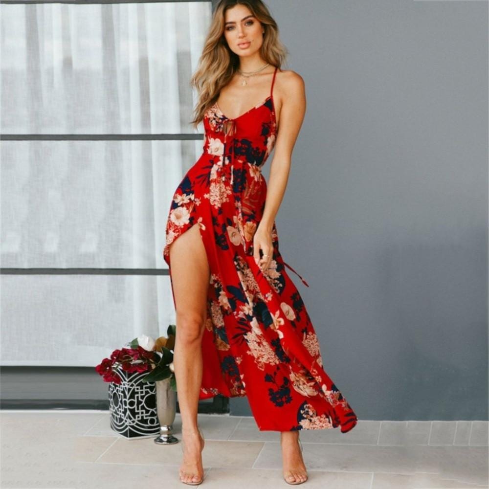 Red Floral Print backless summer dress Women deep V neck bohemian maxi dress Spaghetti irregular long dress