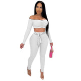 Cutubly Slash Neck Club Two Pieces Sets New Solid Two Piece Sets Outfits for Women Long Sleeve Trousers Pants 2 Piece Set Suits