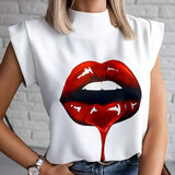 Women Elegant Lips Print blouse shirts 2020 Summer Casual Stand Neck Pullovers tops Ladies Fashion cute Eye Short Sleeve Blusa