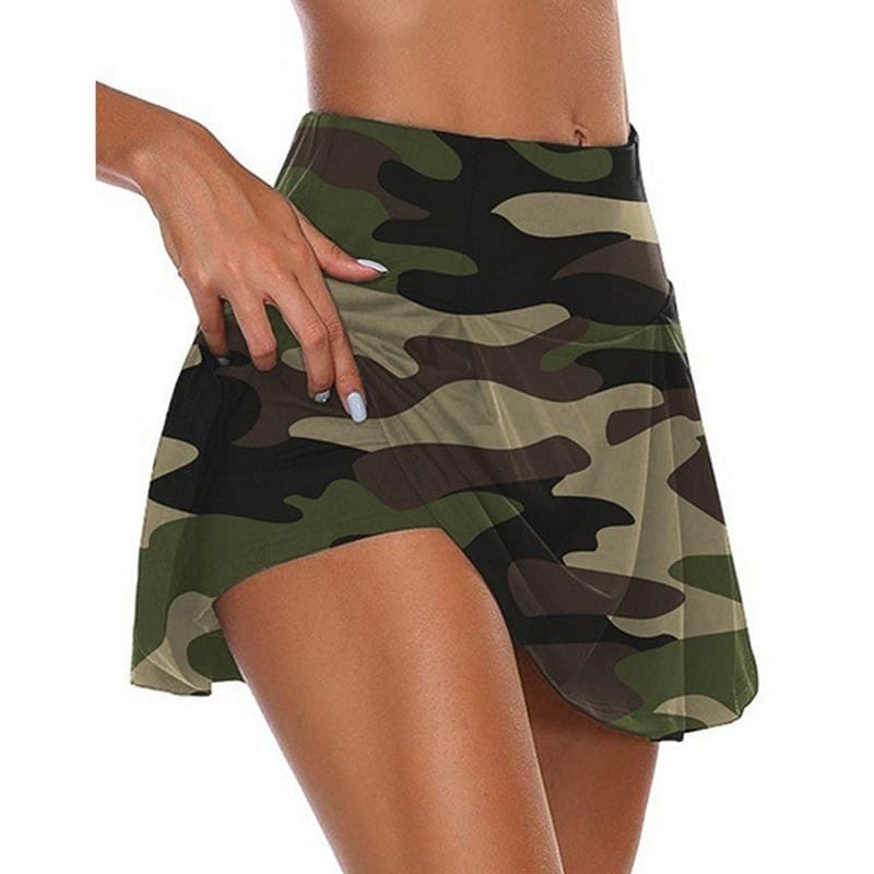 Women High Waist 2-In-1 Sport Skorts Camouflage Pleated Golf Skirts with Shorts X7YA