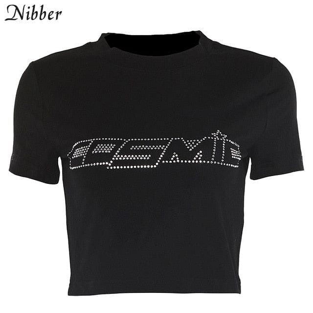 Nibber black Letter Rhinestone cotton T Shirts women summer Navel Bare Cropped Streetwear Fashion Top Tee Slim Fit Short T-shirt