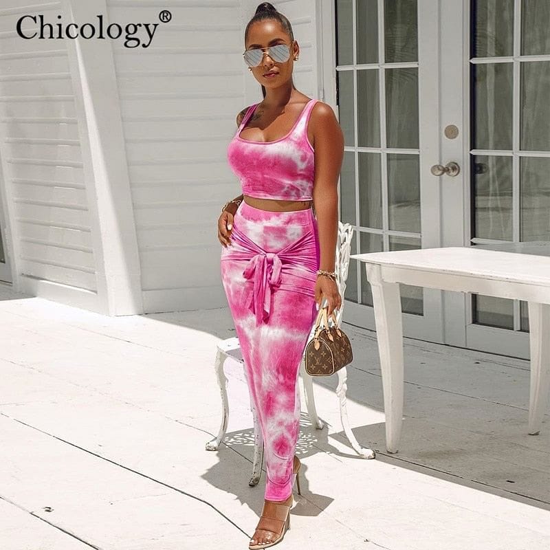 Chicology tie dye lace up neon matching 2 two peice set women crop top high wait skirts women 2020 summer autumn sexy clothes