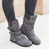 Winter buckled calf women's boots, winter women's warm zipper boots, plain flat shoes, large size women's casual boots