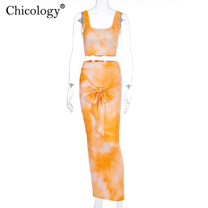 Chicology tie dye lace up neon matching 2 two peice set women crop top high wait skirts women 2020 summer autumn sexy clothes