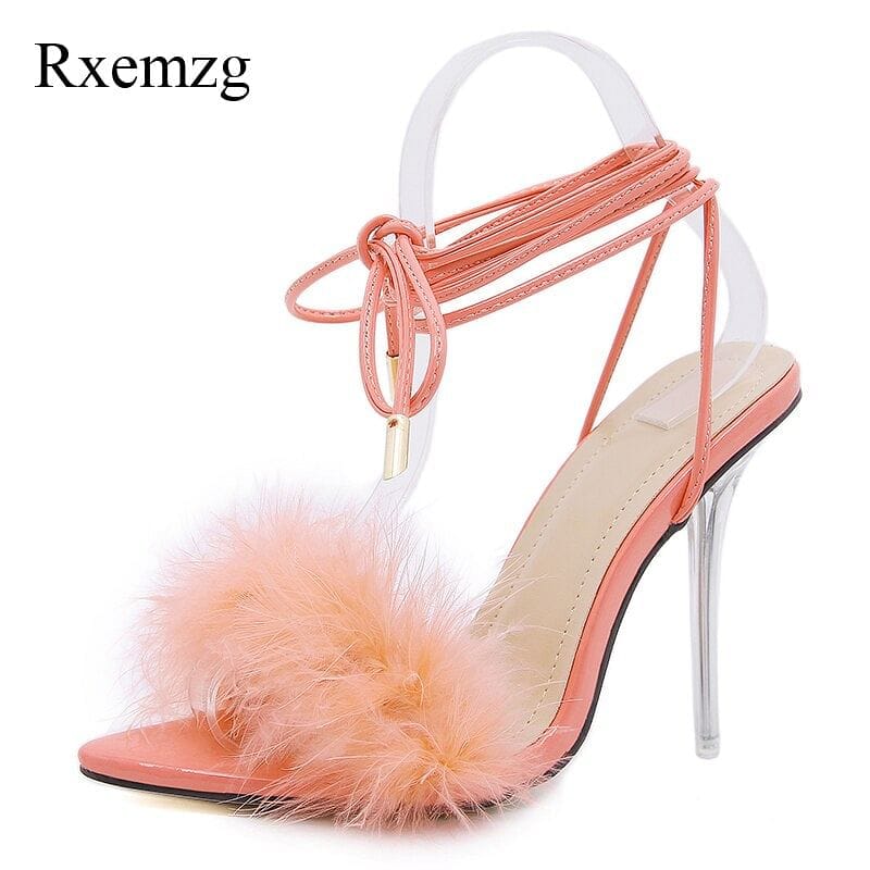 summer shoes woman pointed toe snake print high heels sexy feather women sandals ankle cross strap transparent clear heel