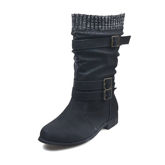 Women Winter Buckle Strap Pu Leather Chunky Heels Mid Calf Boots Woman Knitted Slip On Retro Boots Lady Casual Fashion Footwear