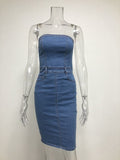 Women Denim Dress Slash Neck Strapless Elegant Bodycon Dress Sexy Blue Sleeveless Club Party Dress Vestidos Jeans Summer Dresses