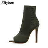 Womens Boots Green Elastic Knit Sock Boots Ladies Open Toe High Heels Fashion Kardashian Ankle Boots Women Pumps